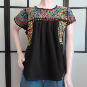 Retro Mexican Embroidered Top Black Short Sleeve M